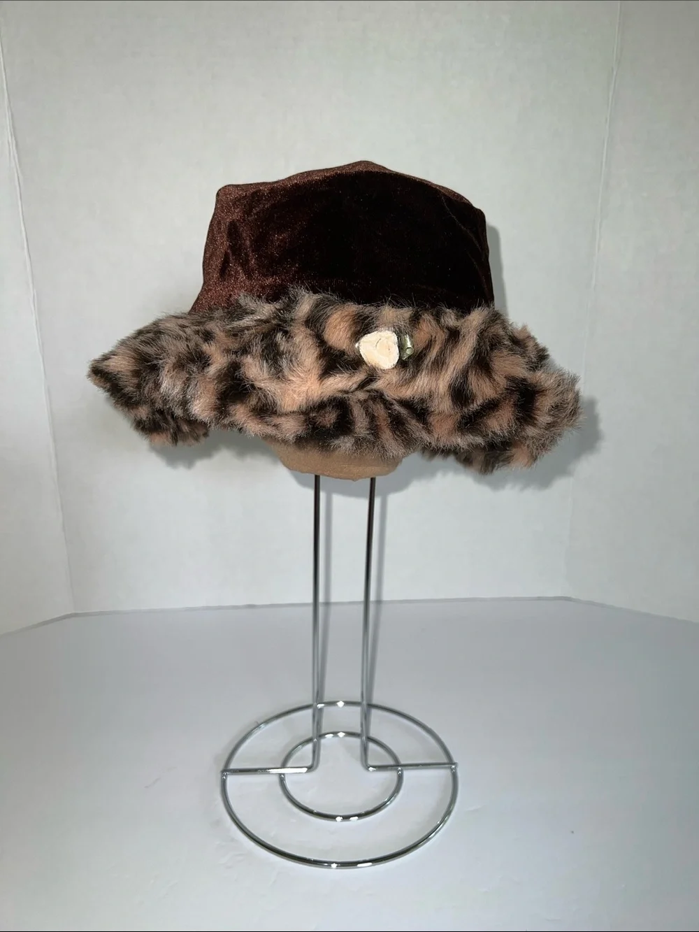Girls Brown velvet Faux Fur Trim Bucket Hat